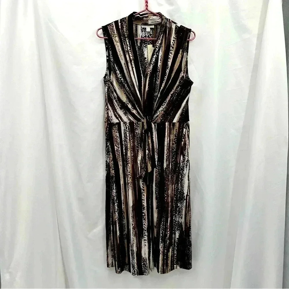 Dana Buchman Abstract Animal Print Front Knot V-Neck Sleeveless Midi Dress L NEW